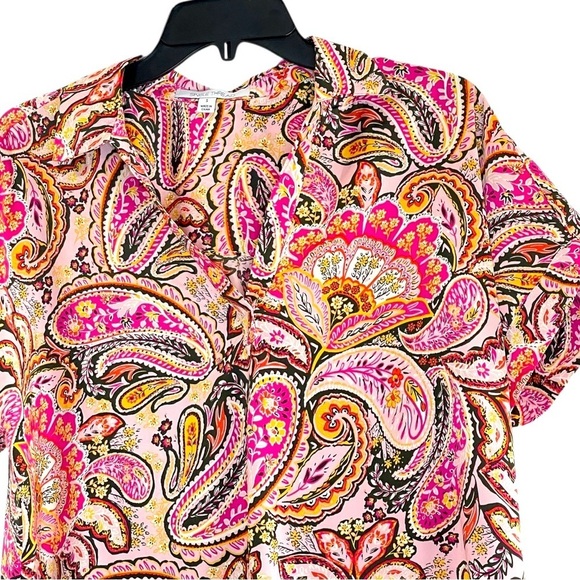 Single Thread Pink Paisley Satin Like Top with Collar, Paisley Print Blouse S - Picture 6 of 14